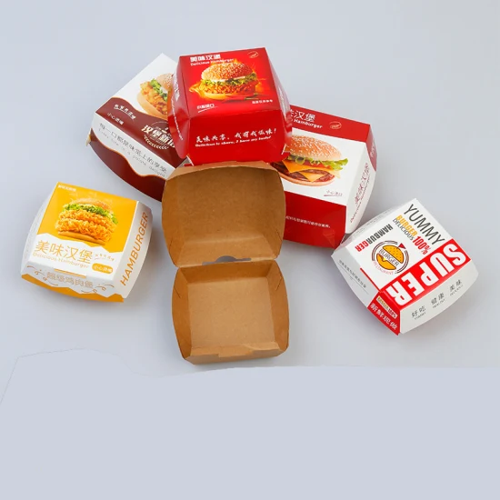 Envasado de comida rápida para llevar degradable Envase de comida Cajas de papel Contenedor de pizza Caja de almuerzo Servicio de libros de impresión Caja de papel de rompecabezas Envasado de alimentos para hamburguesas